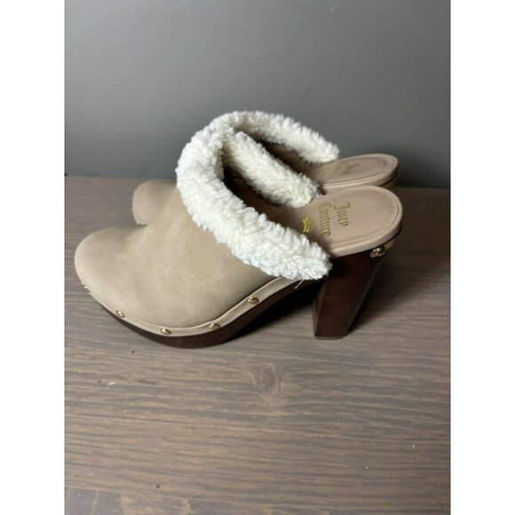 Juicy Couture Anora Faux Fur Shearling Studded Heel Mule Clogs SZ 7.5M Tan - Picture 4 of 9